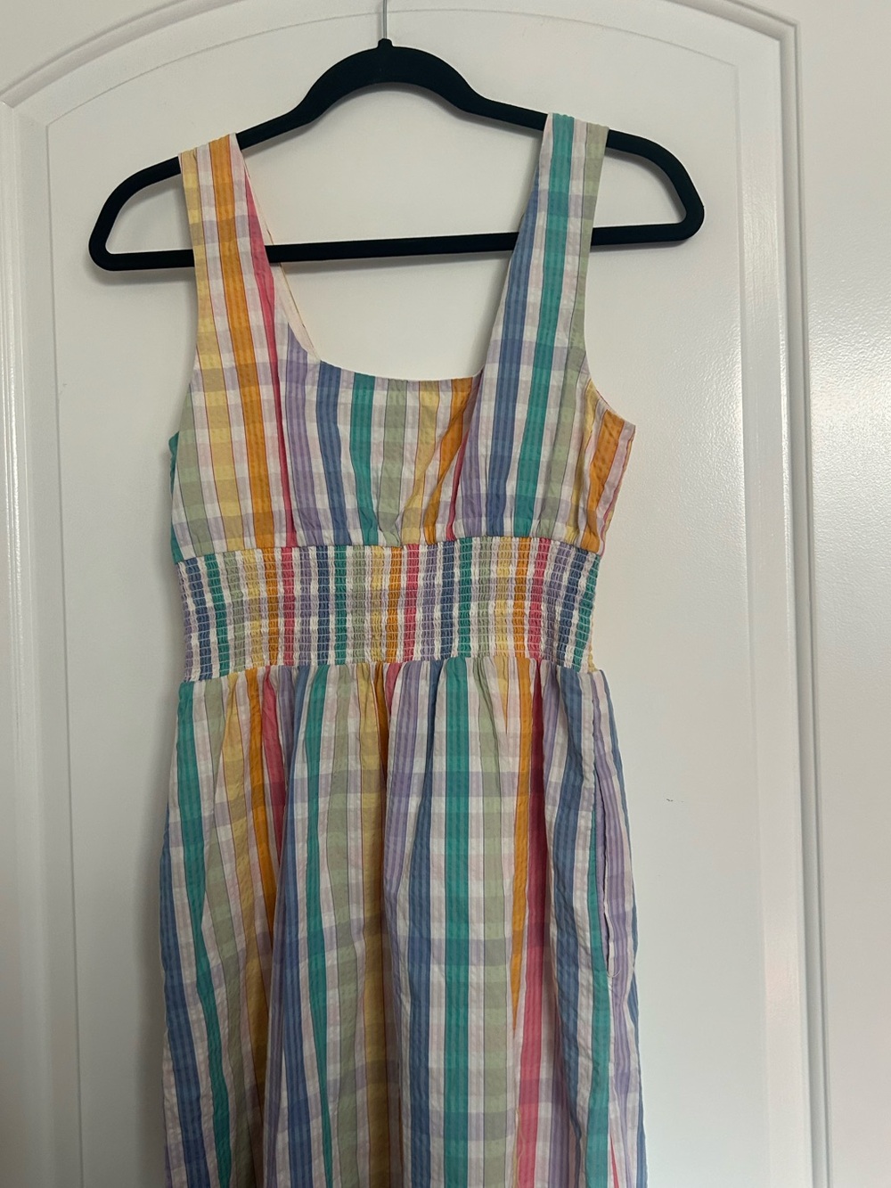 JCrew rainbow gingham Square-neck Midi Dress Size 6 Chic Cottagecore Preppy Boho - Picture 3 of 13